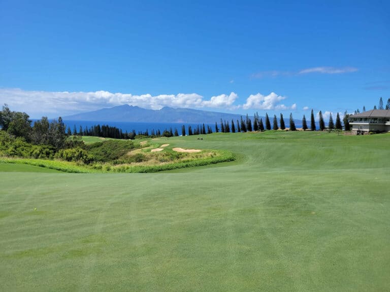 The 18th hole at the par 73 Kapalua Plantation golf course in Maui, Hawaii