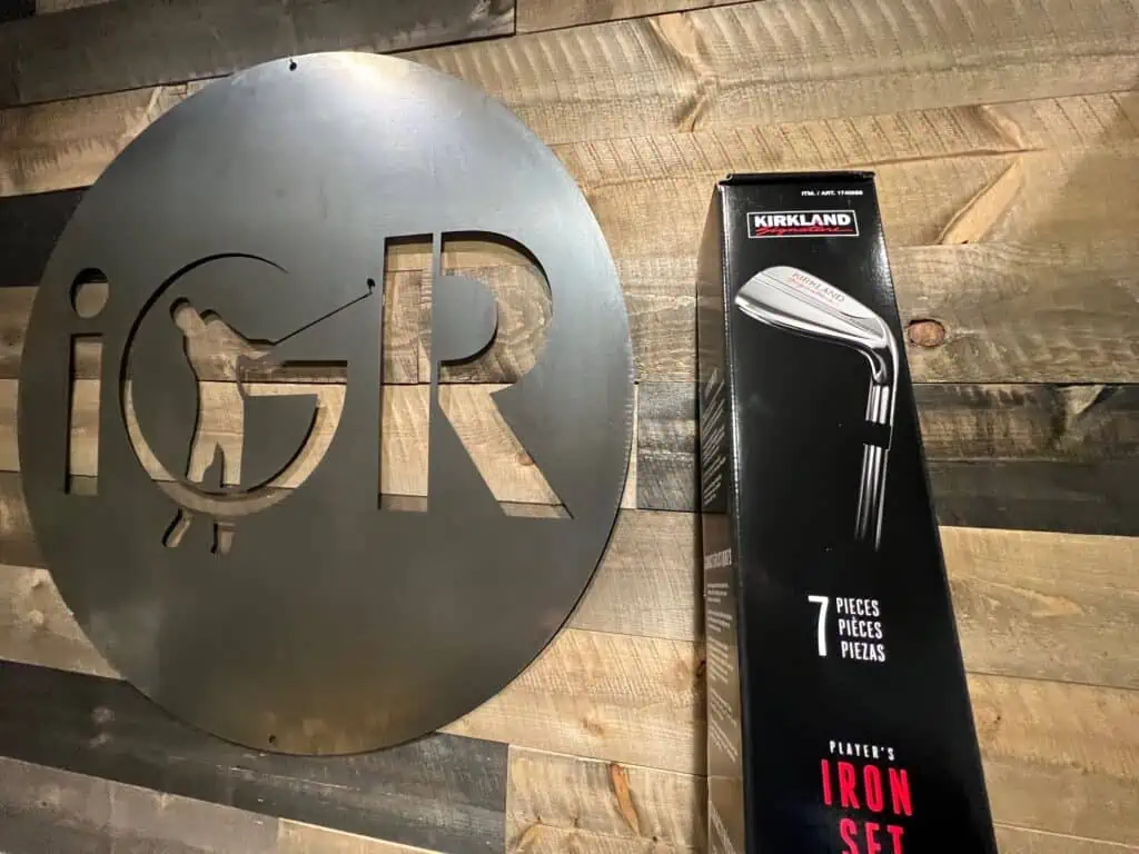 Kirkland Signature Player’s Iron Set box next to the IGR logo sign