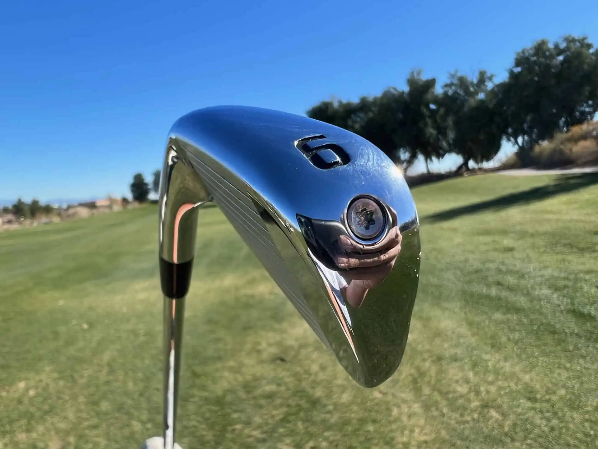 Back of a Kirkland Signature 6-iron on the course showing its tungsten weight