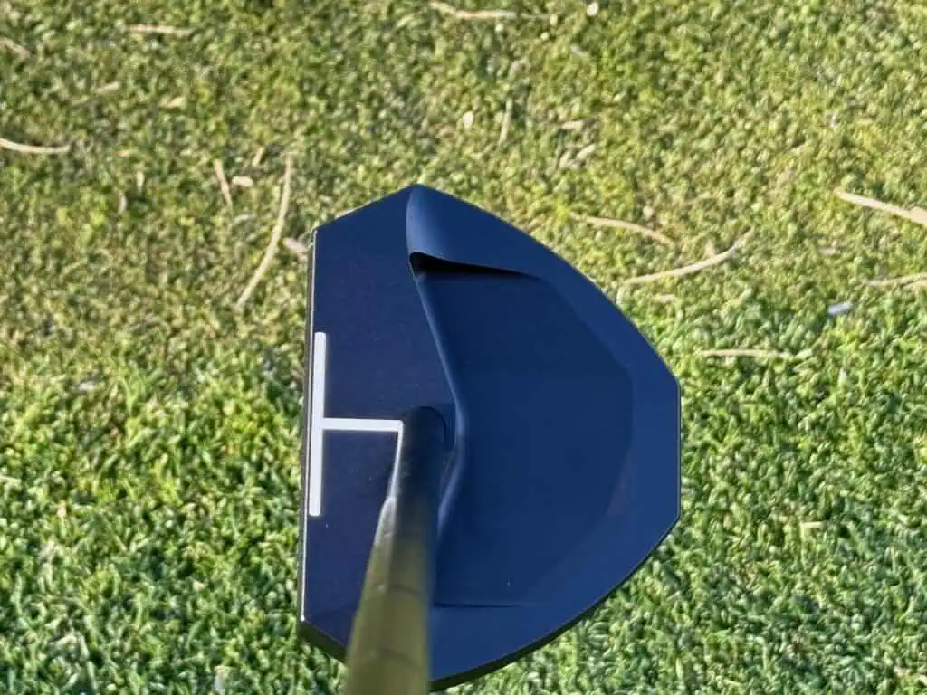 Top view of the black OZ.1 putter head on the green